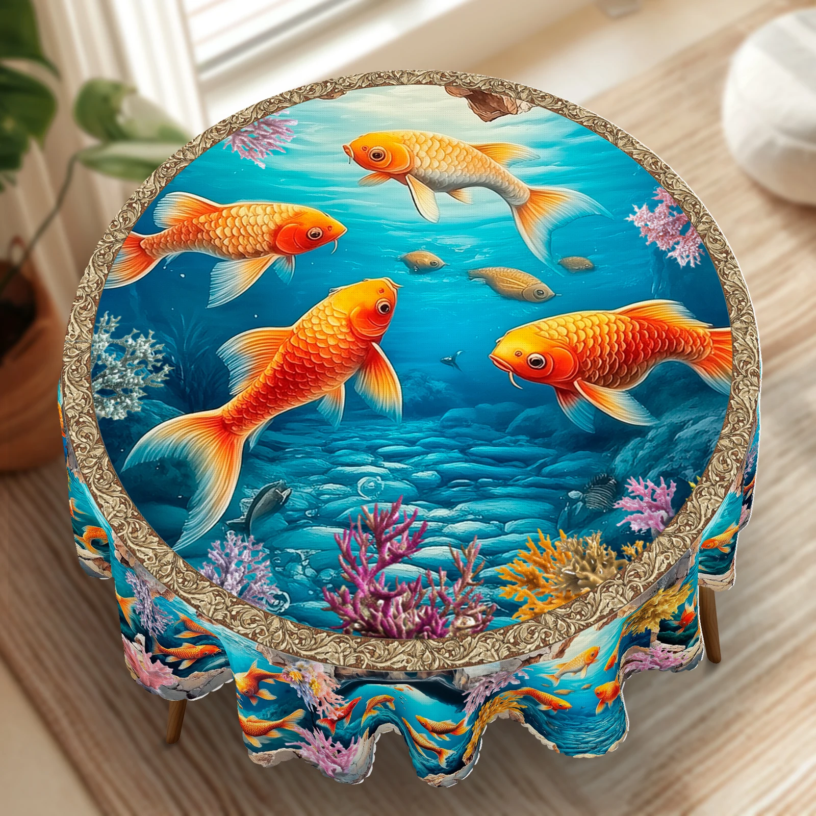 심해 바다 테마 테이블보, 밝은 색상의 산호, 생생한 금붕어 프린트, 바다의 신..