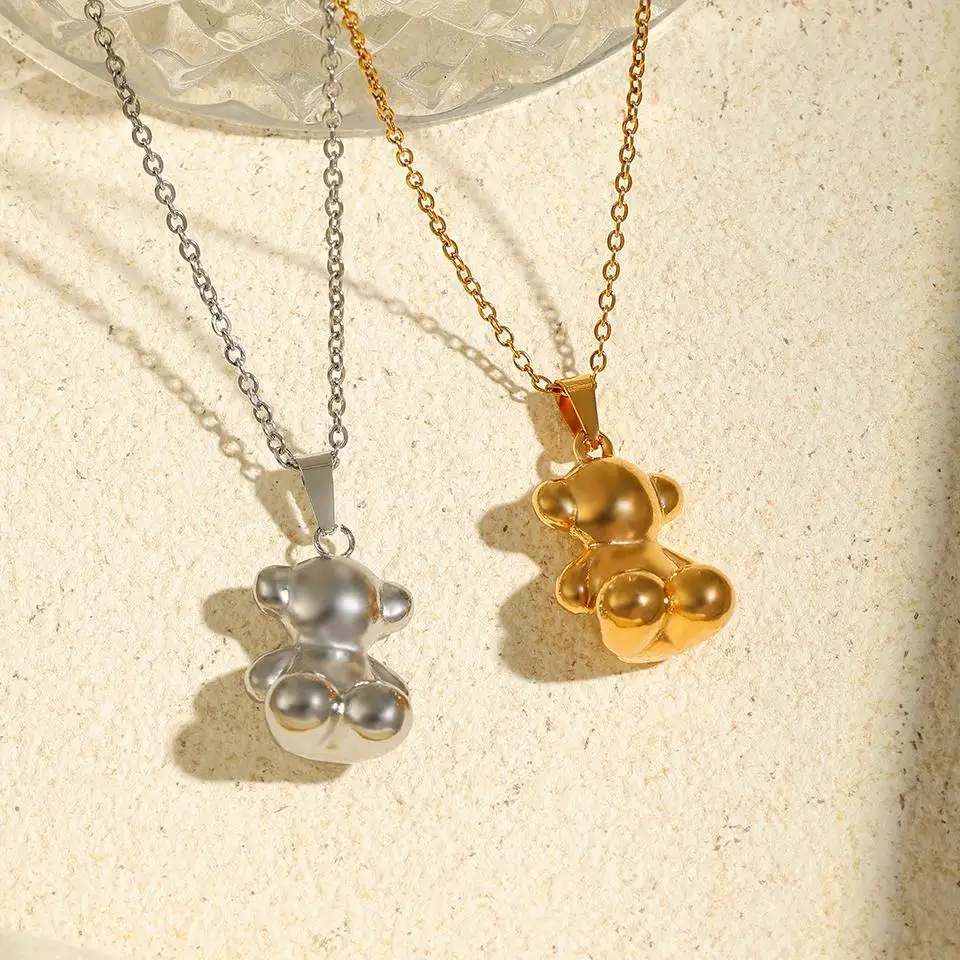 3PCS anime style 3D cute bear earrings necklace set for women stainless steel not fading INS couples gift jewelry