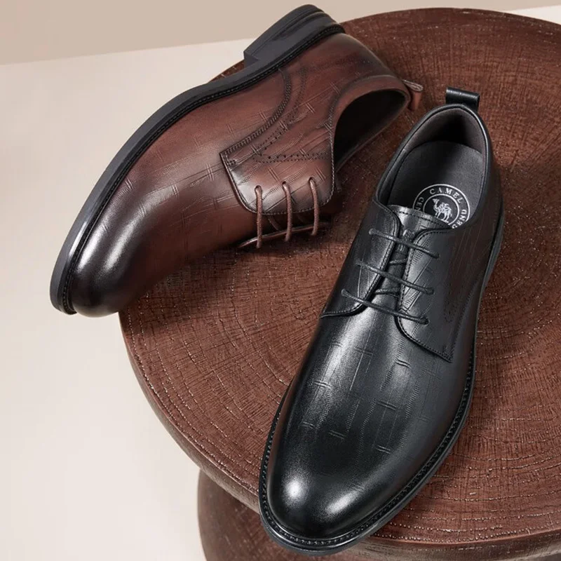 GOLDEN CAMEL Men's Leather Dress Shoes Breathable Genuine Business Formal Derby Shoes for Men Inner Height British Wedding