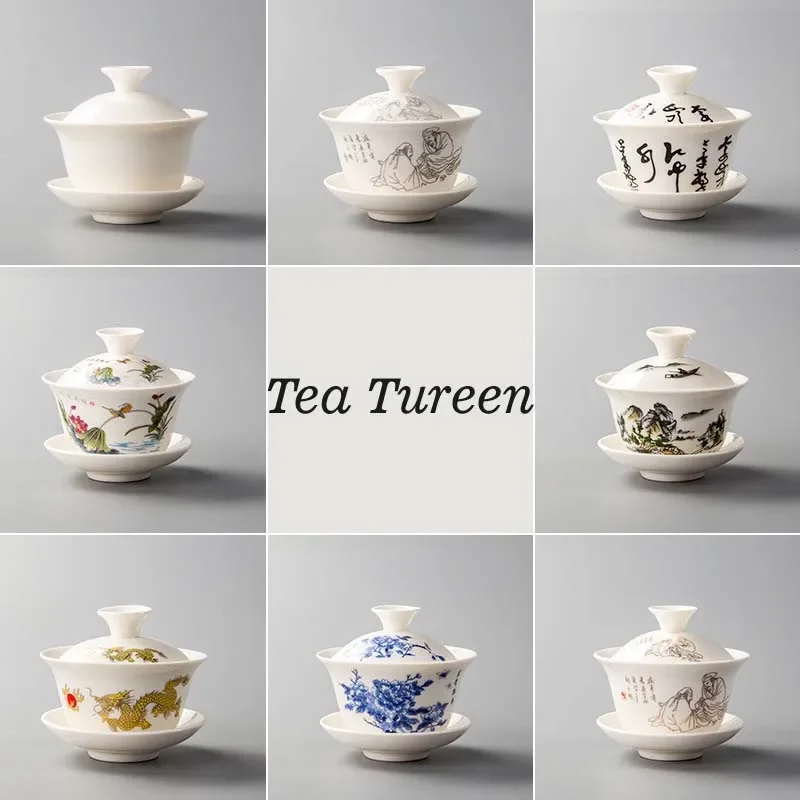 Tureen and Bowls White Porcelain Ceramics Gaiwan Tea Cup Kung Fu Tea Set Gift Pottery Bowl Lid Blue-and-white Special Offer
