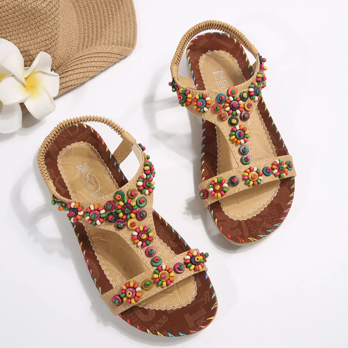 2026 New Summer Casual Sandals Women Bohemian Beach Shoes for Women Beaded T-belt Slip on Ladies Flat Sandals Zapatos Mujer