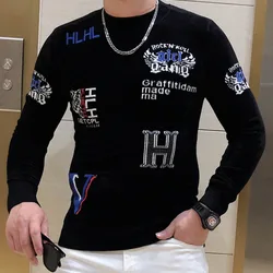 2022 Men O-Neck Velvet Rhinestone Sweater Hot Drill Alphabet Pattern T Shirt Homme Streetwear Casual Knitted Pullover Sweater