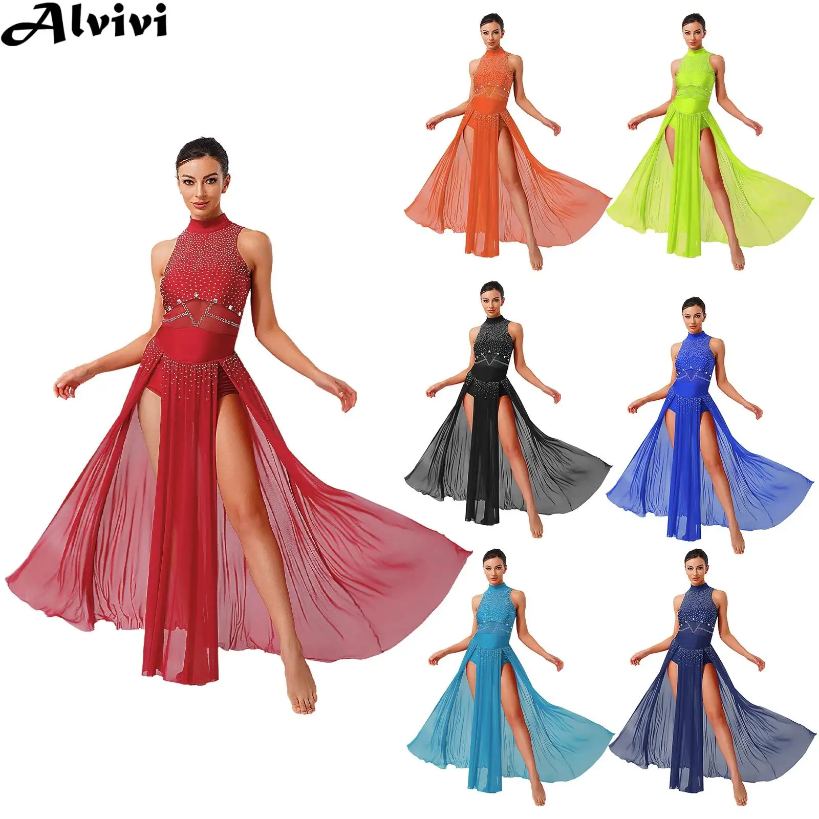 Femmes sans manches strass maille transparente fente moderne danse lyrique Maxi robe patinage artistique gymnastique Ballet justaucorps Dancewear