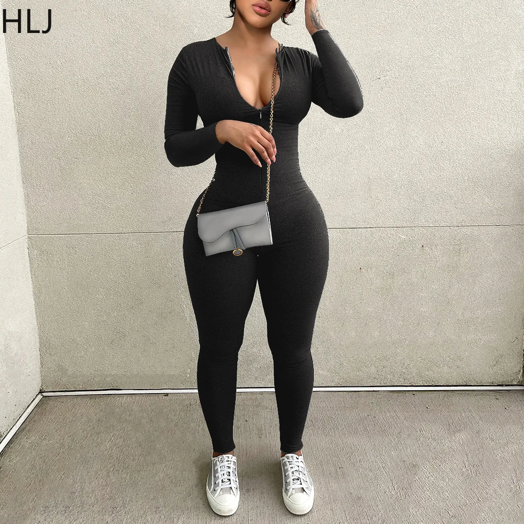 HLJ Autumn Casual Solid Color Bodycon Jumpsuits Women Zipper V Neck Long Sleeve Skinny Pants Playsuits Female Sporty Overalls