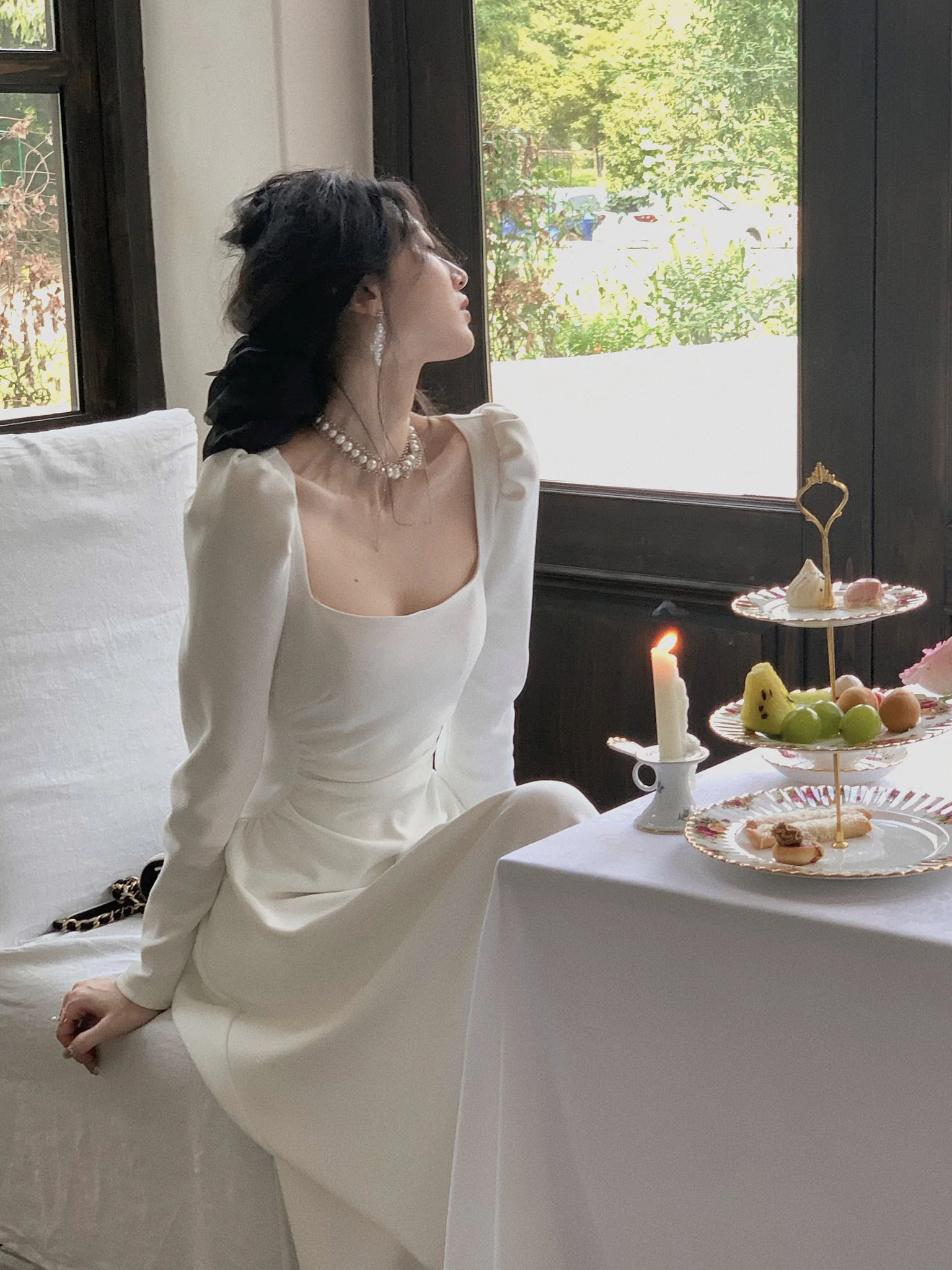 Spring New Elegant Square Collar Midi Party Dresses for Women Long Sleeve Black White Slim Vestidos Female High Waist Clothes