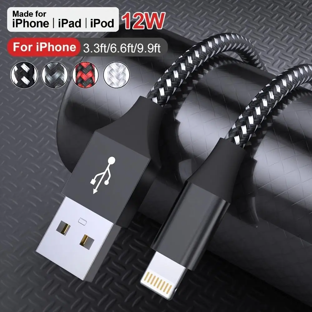 Cabo Lightning Trançado de Nylon LAIHONEN, 3.3/6.6/10FT, 4 Cores Opcionais, Cabo de Dados para Carregamento Rápido para iPhone XS XR X