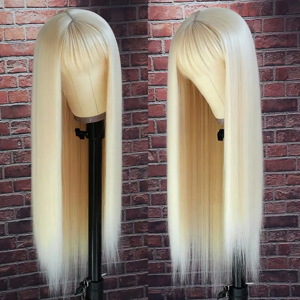 Parrucca di capelli umani biondi 613 da 32 pollici, liscia, realizzata a macchina, densità 250, capelli umani brasiliani con frangia per donna - immagine 2
