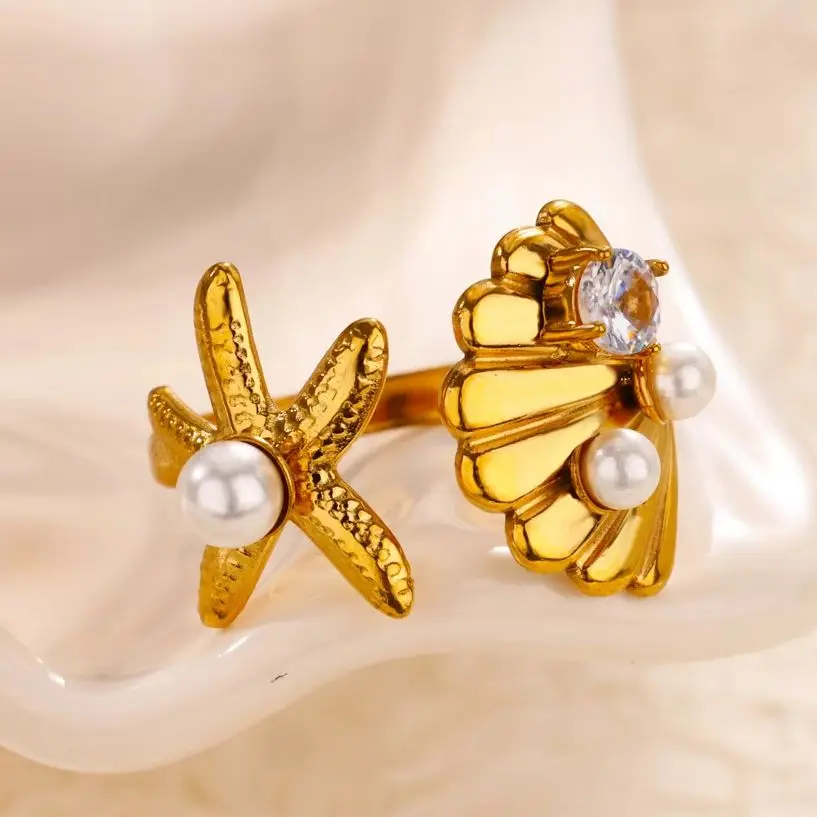 Starfish Shell Rings for Women Girls Gold Double Layers Stainless Steel Ring
