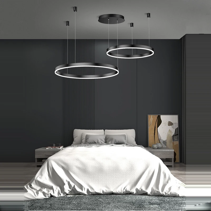 

LED Modern Aluminum Acryl Black Lucky Ring Hanging Lamps Chandelier Lighting Lustre Suspension Luminaire Lampen For Bedroom