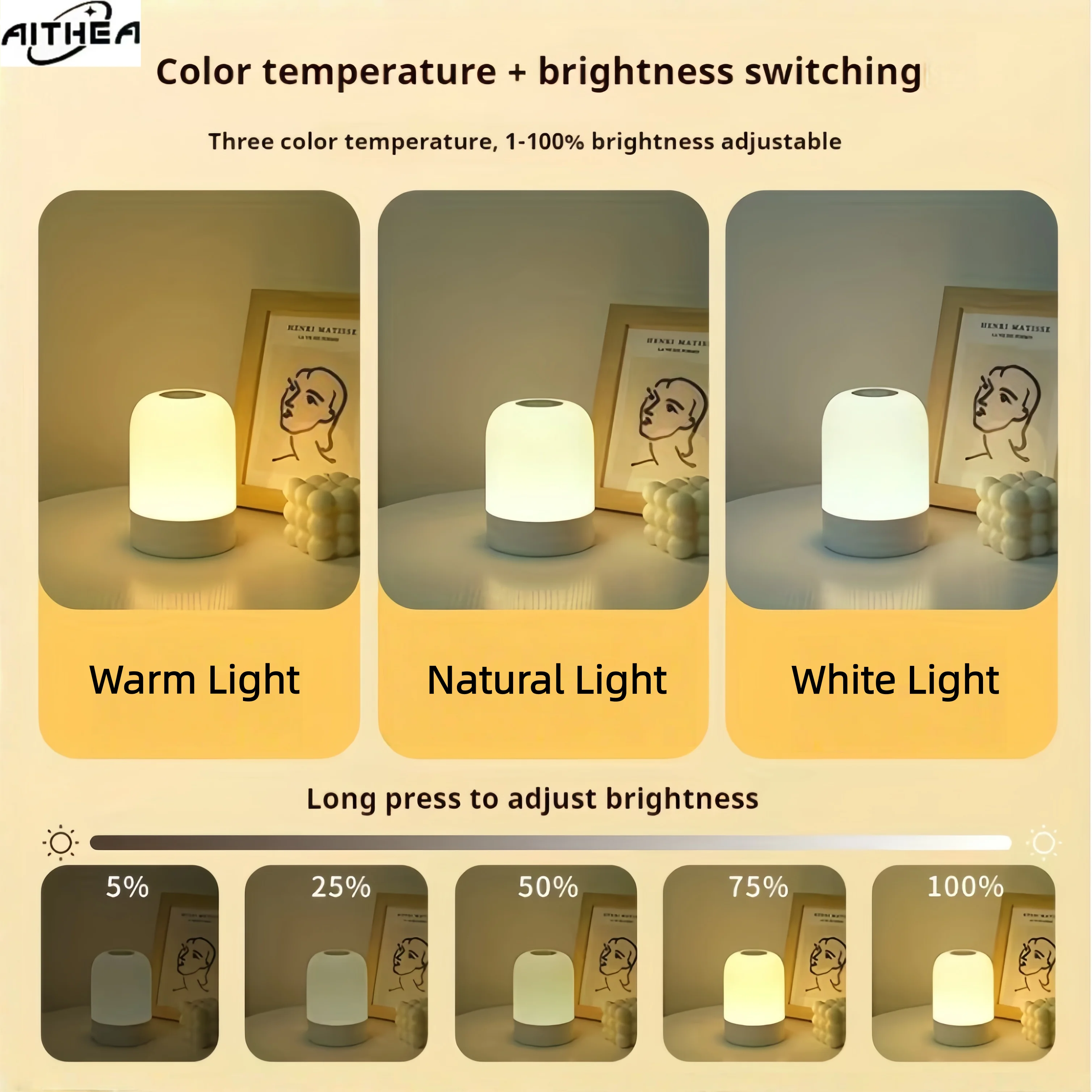 AITHEA Led 야간 조명 침대 옆 디밍이 가능한 충전 야간 램프 침실 머리맡 조명 장식 터치 Led 독서 테이블 램프