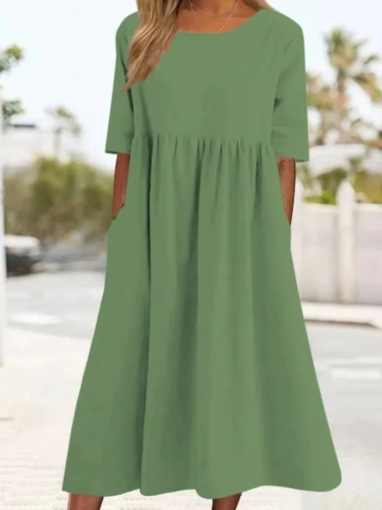 New Fashionable Women's Crew Neck Dress Casual Loose Short-sleeved Solid Color Medium and Long Large Size Skirt