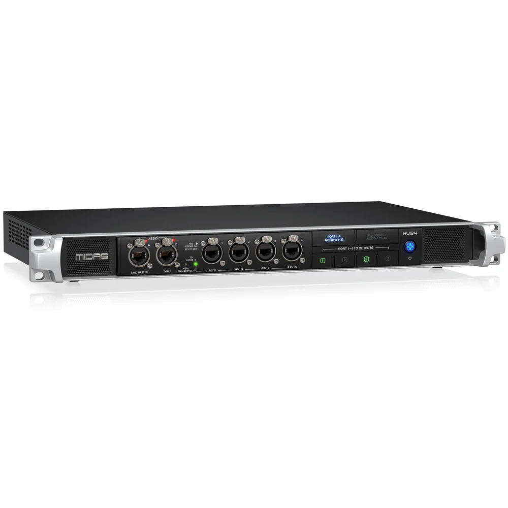 Midas HUB4 개인 모니터링 허브 (4 PoE 포트, AES50 연결, 아날로그 출력 및 디지털 믹서용 StageCONNECT 출력 포함)