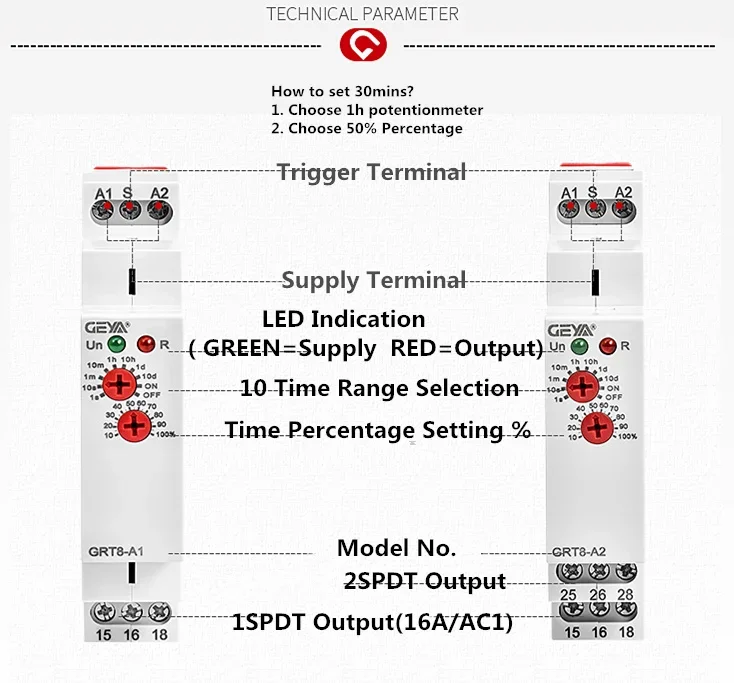 GEYA-Temporizador de retardo de encendido SPDT, GRT8-A electrónico, relé de tiempo, 12V, 24V, 220V, tipo carril DIN, AC230V o AC/DC12-240V