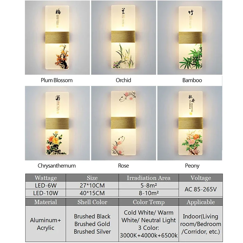 LED 실내 벽 램프, 아크릴 기능, 중국 관용구 스타일 식물 인쇄 벽 조명, 6W 침실 거실 발코니 침대 옆 조명