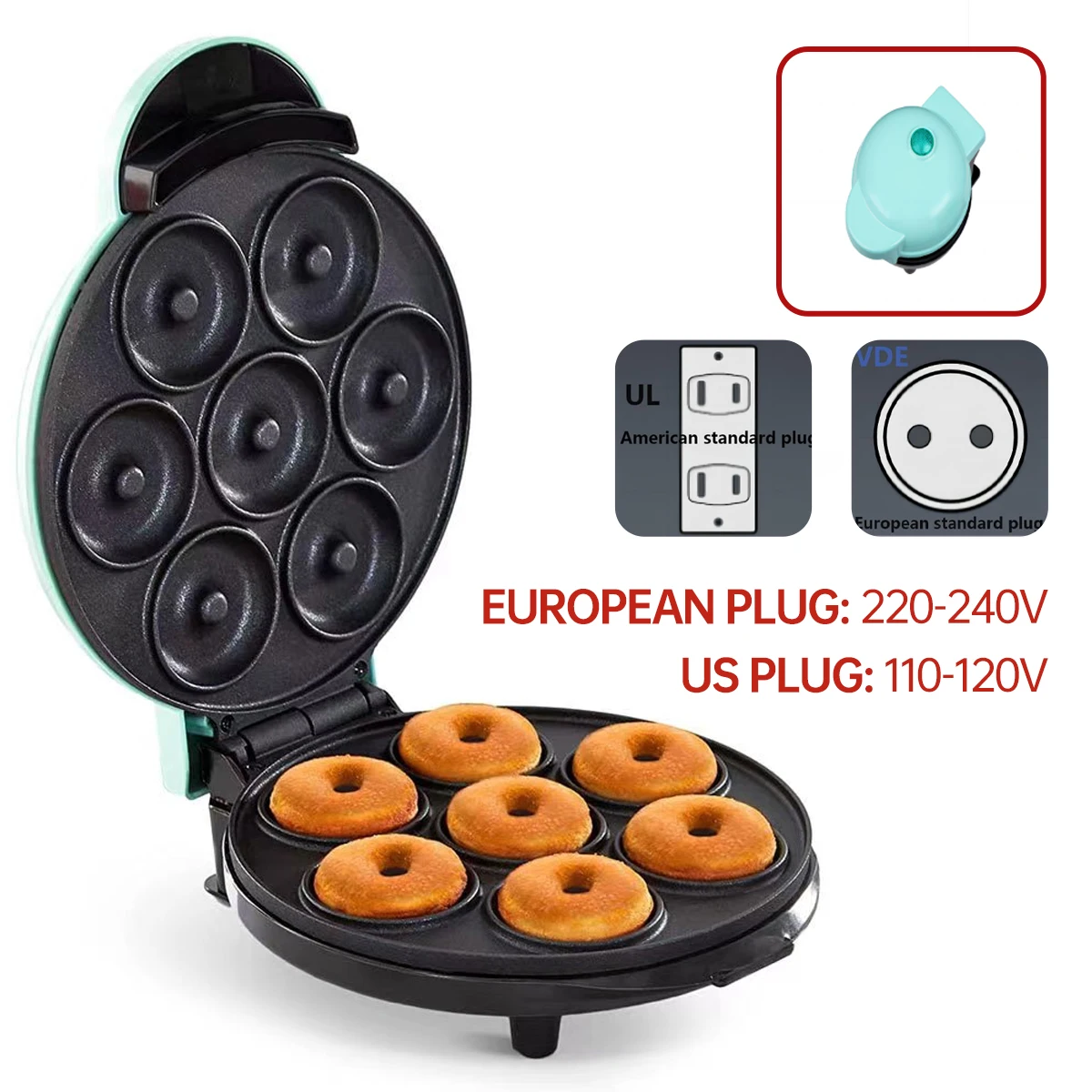 מכונת דונאט 7 חורים, מכונת ארוחת בוקר לעוגה, תקן אירופי 220V, תקן אמריקאי 110V מכונת אפייה מיני