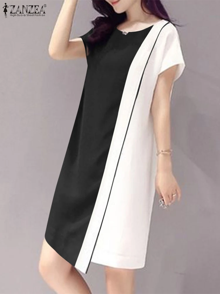 

Платье ZANZEA женское однотонное с цветными блоками, Модный повседневный ассиметричный Мини Сарафан с коротким рукавом, винтажная строчка, на лето