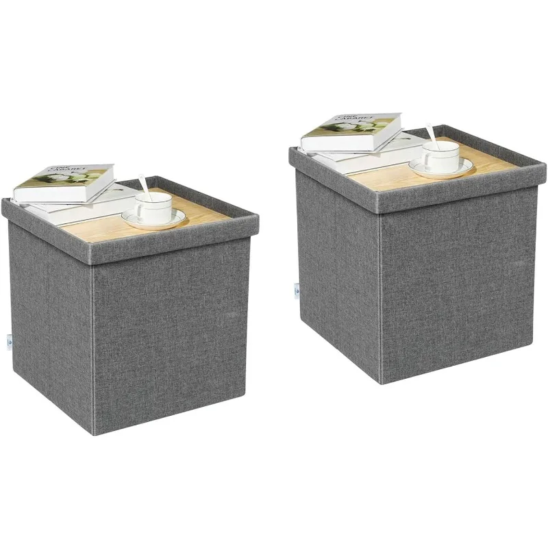 

B FSOBEIIALEO Storage Ottoman with Tray, Linen Small Coffee Table Folding Foot Rest Seat Cube, Dark Grey 16"X15.7"x15"