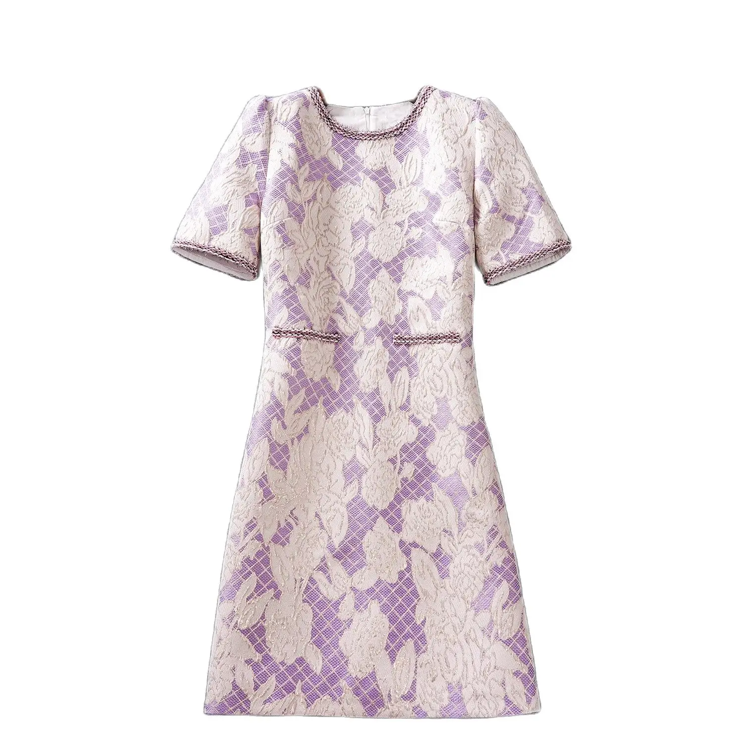

High Quality Summer Women Fashion Runway Party Mini Dress Short Sleeve Gorgeous Purple Flower Print Jacquard Short Vestidos