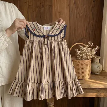 Vestito da Principessa in Puro Cotone per Bambina, Nuovo Stile Estivo, Abito a Righe Ricamato per Bambine, Vestito per Uso Quotidiano, Abito da Celebrità di Internet