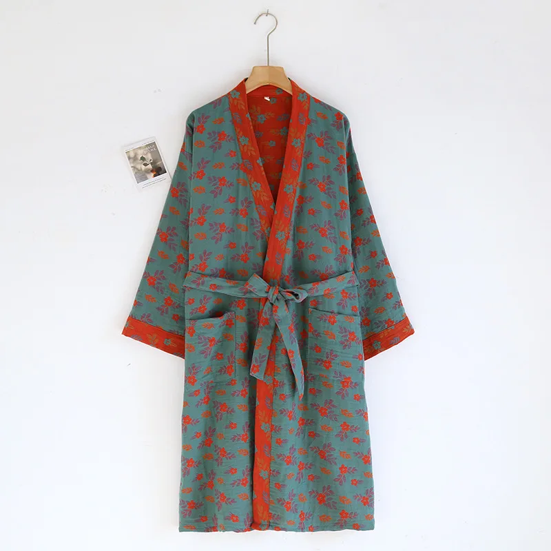 Women's Printed Cotton Loose Fitting Bathrobe Japanese Style Kimono with Belt Bathrobe Sweat Steaming Pajamas Robes Women