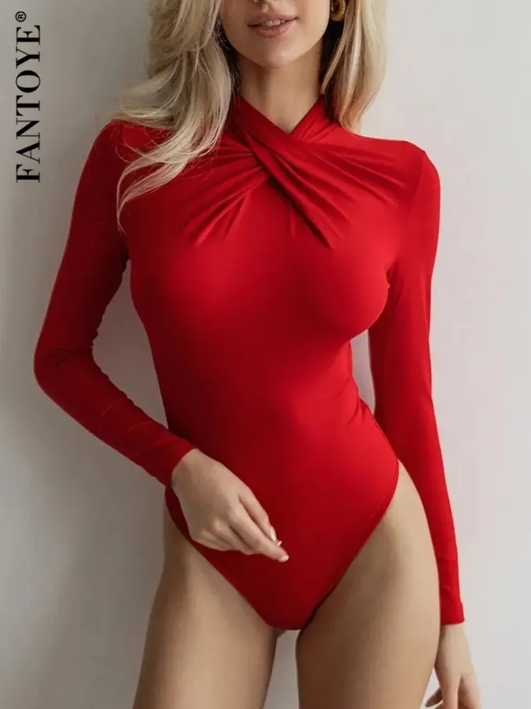 Fantoye Winter New Round Neck Ruched Women Bodysuit Black Long Sleeve Solid Casual Bodysuit Female Skinny Elegant Jumpsuit 2023