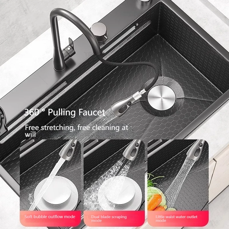 Undermount Single Bowl Stainless Steel Kitchen Sink with Waterfall Multifunctional Sinks Hotel Apartments Dishwashing Basin 2