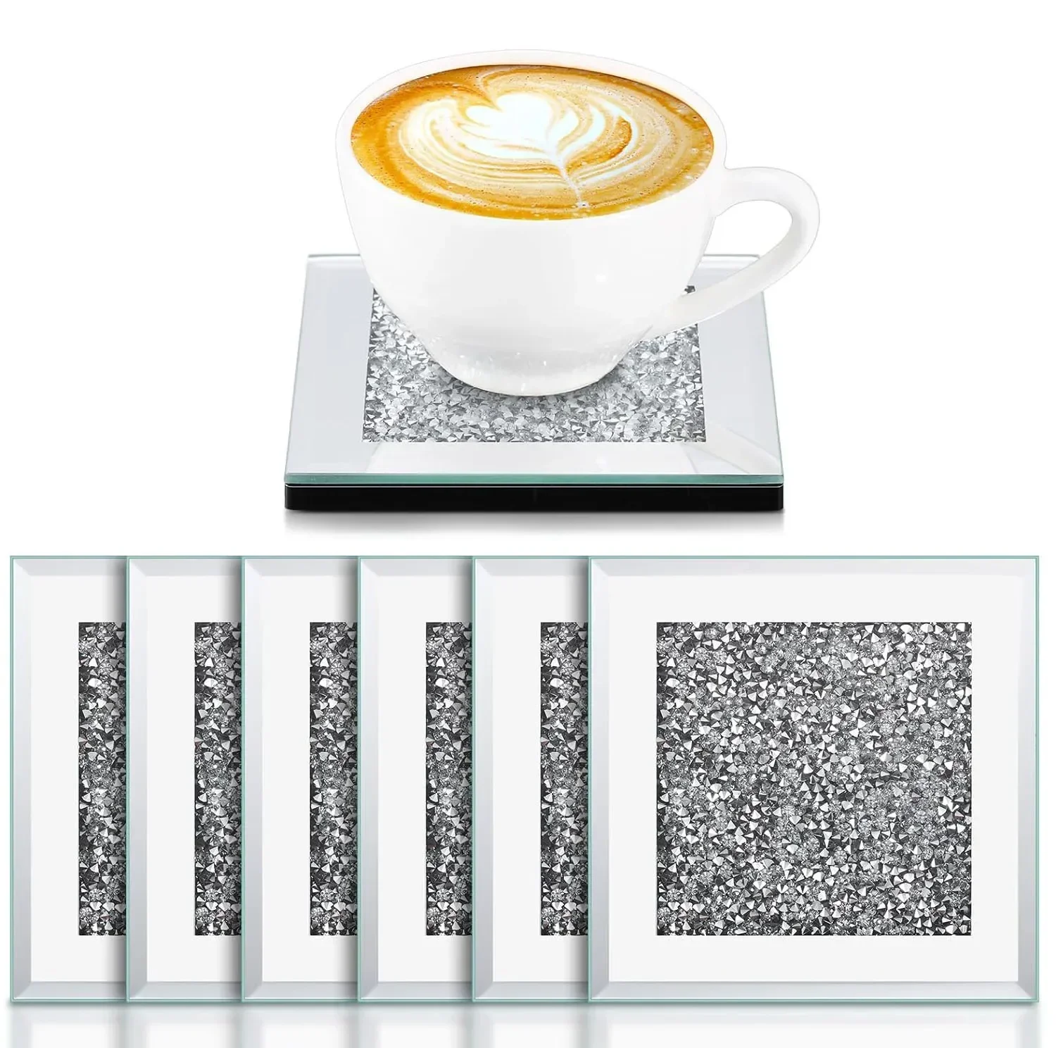 SHIDOW Mirrored Coasters Set Of 4 – Crushed Diamond Design, 4x4 Inch, Non-Slip, For Drinks & Home Decor (Pink)