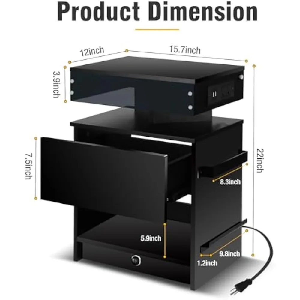 Nightstand Set 2,Nightstand with Charging Station,Induction Light and LED Light,Bedside Table with Drawers,Modern End Side Table 2