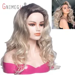 GNIMEGIL Long Blonde Curly Wavy Wigs for Women Synthetic Hair Wig Black Roots Ombre Blonde Fluffy Woman Free Part Hairline Wigs
