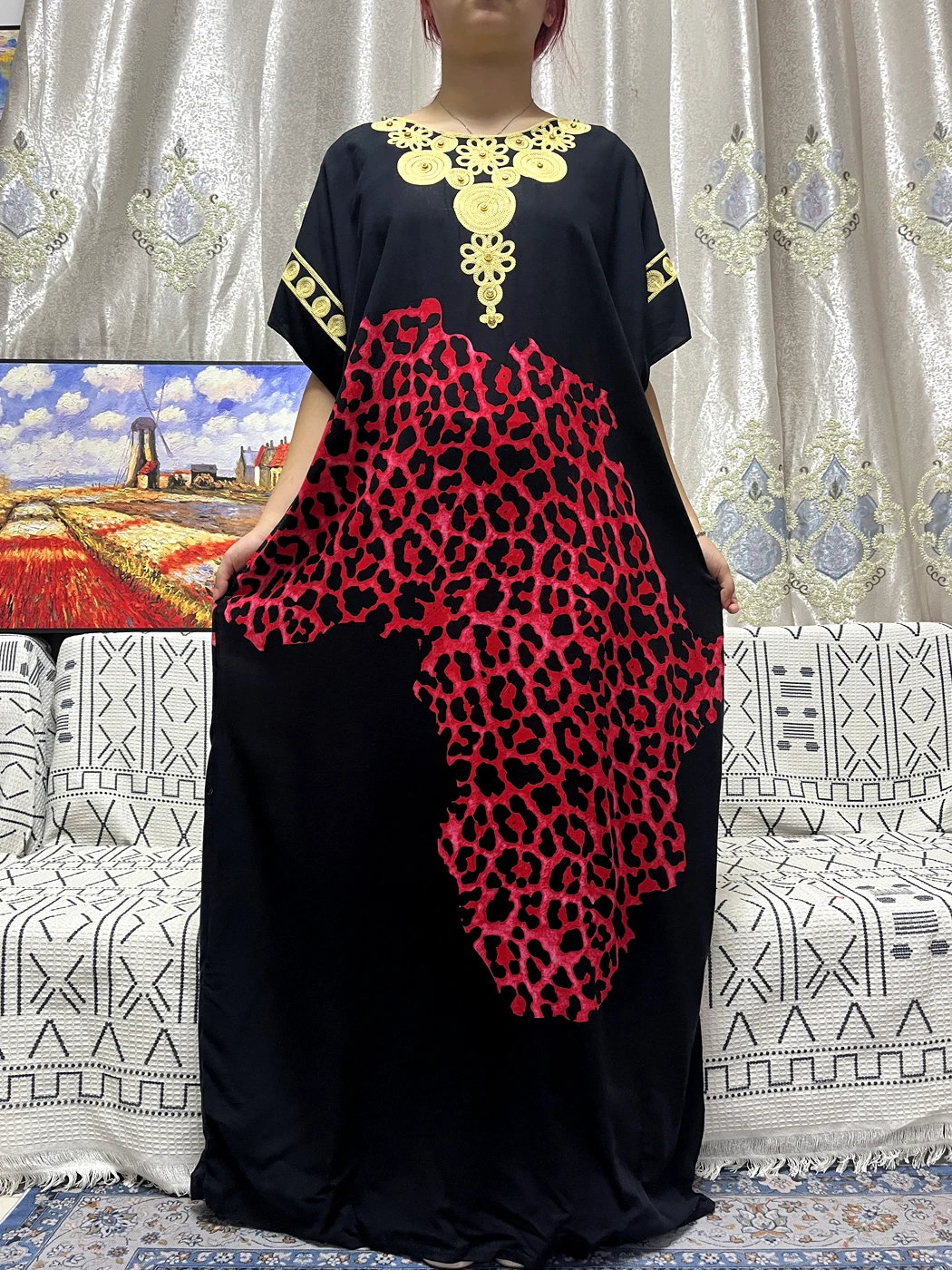 Muslim Abayas For Women 2023 New Pure Leopard Print Cotton Appliques Loose Fit Femme Robe African Traditional Dress With Turban