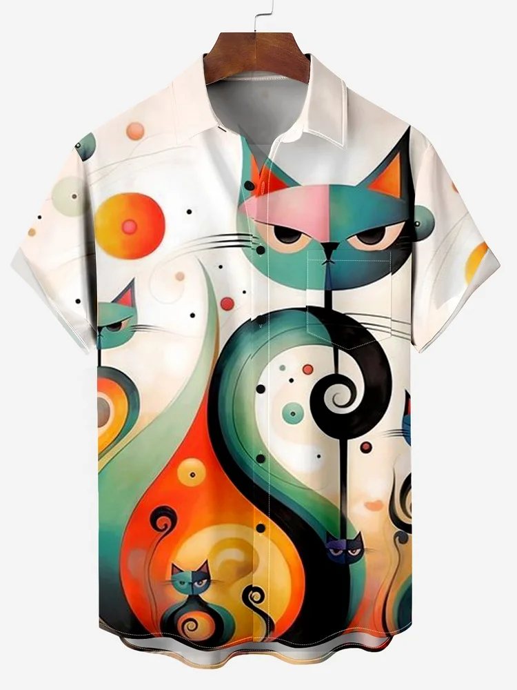 Cute Cat 2025 Hawaiian For Men Women Shirt Print Abstract Pattern Short Sleeve Loose Oversized Men's Summer Beach Casual Top 2