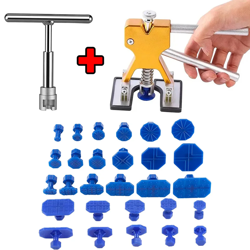 Car Dent Repair Tool Kit - 1 T-Bar Slide Hammer & 28pcs Glue Puller Tabs For Paintless Dent Removal