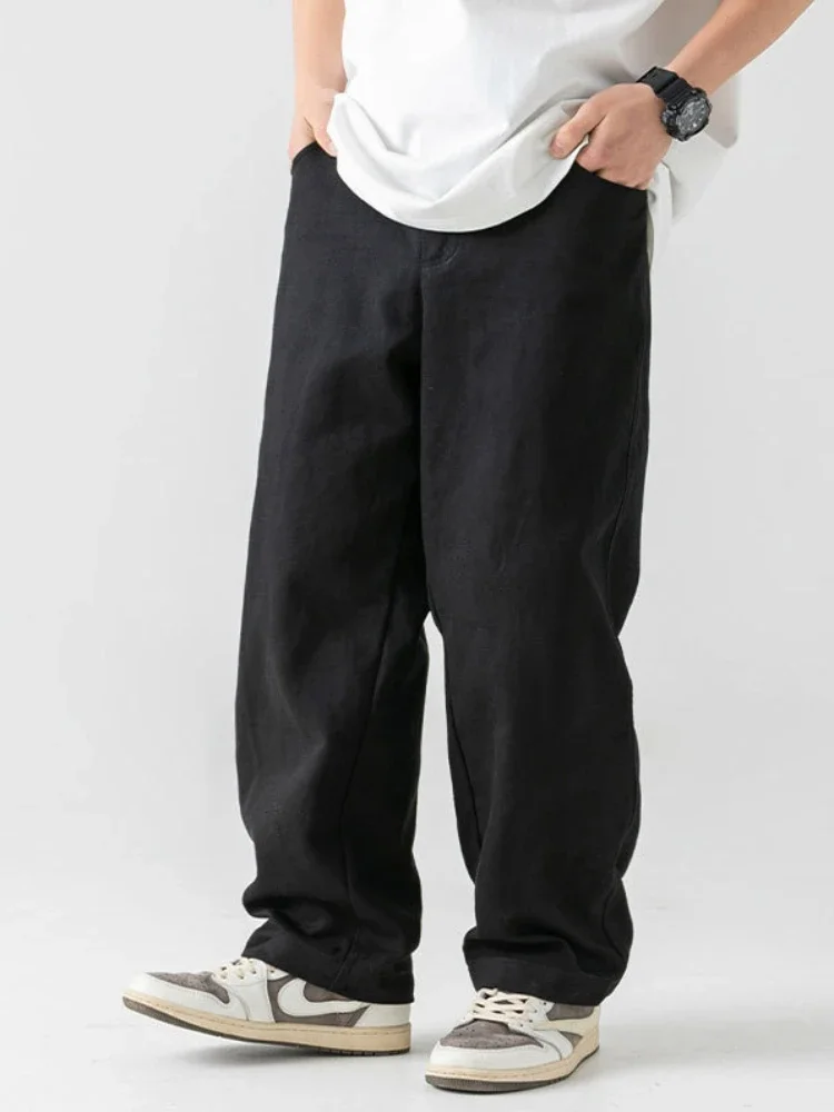 New Cargo Pants Men 100% Cotton Loose Japanese Streetwear Fashion Wide Leg Pants Solid Color Basic Straight Leg Casual Pants