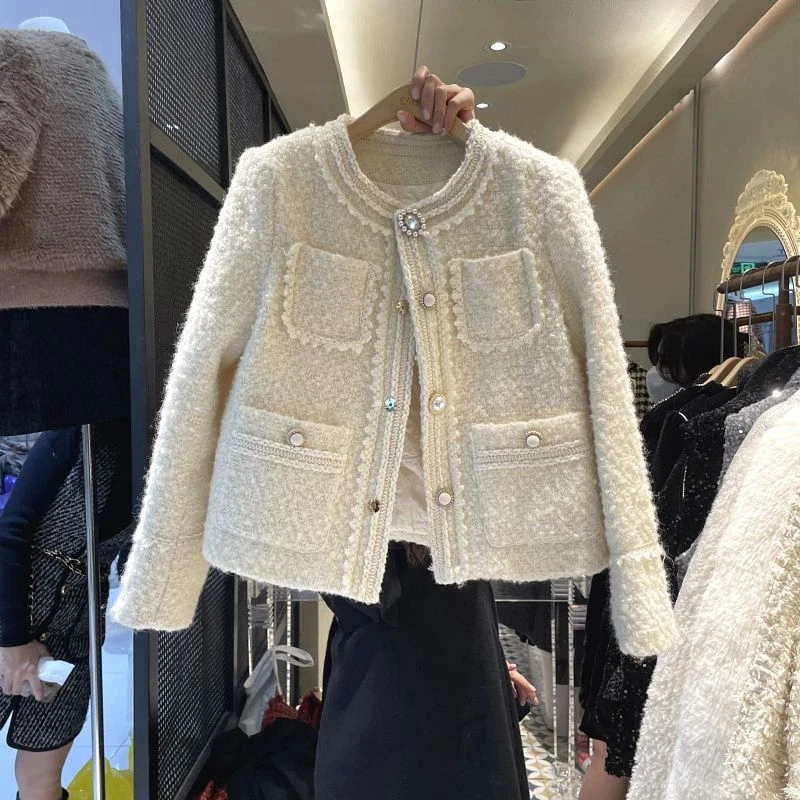 

Heavy Pearl Buttons Design White Tweed Jacket Women Luxury Autumn Winter Korean Chic Thick Wool Coat Elegant Office Lady Outwear