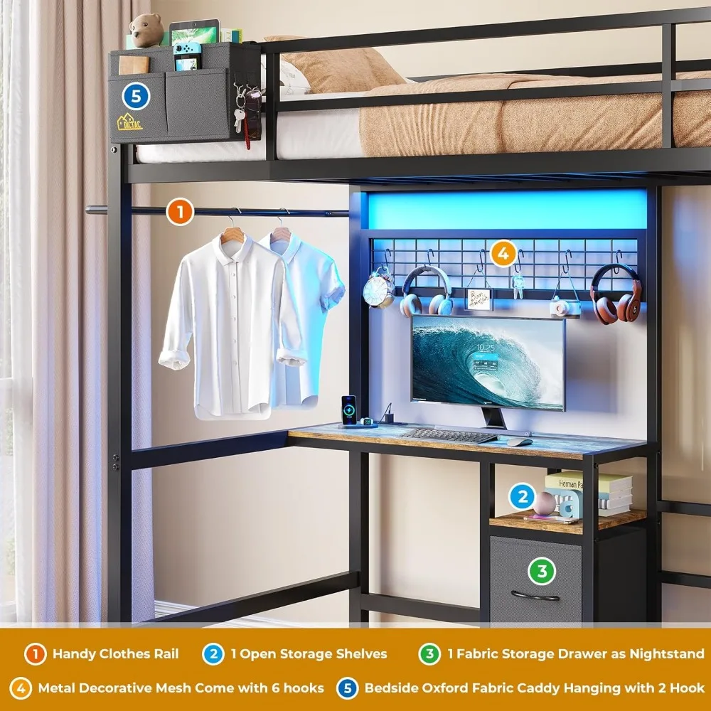 Bunk Bed Twin Over Twin W Desk, Led Lights & Storage Shelves and Drawers, Safety Guardrail and Ladder, L-Shaped Children Bed 4