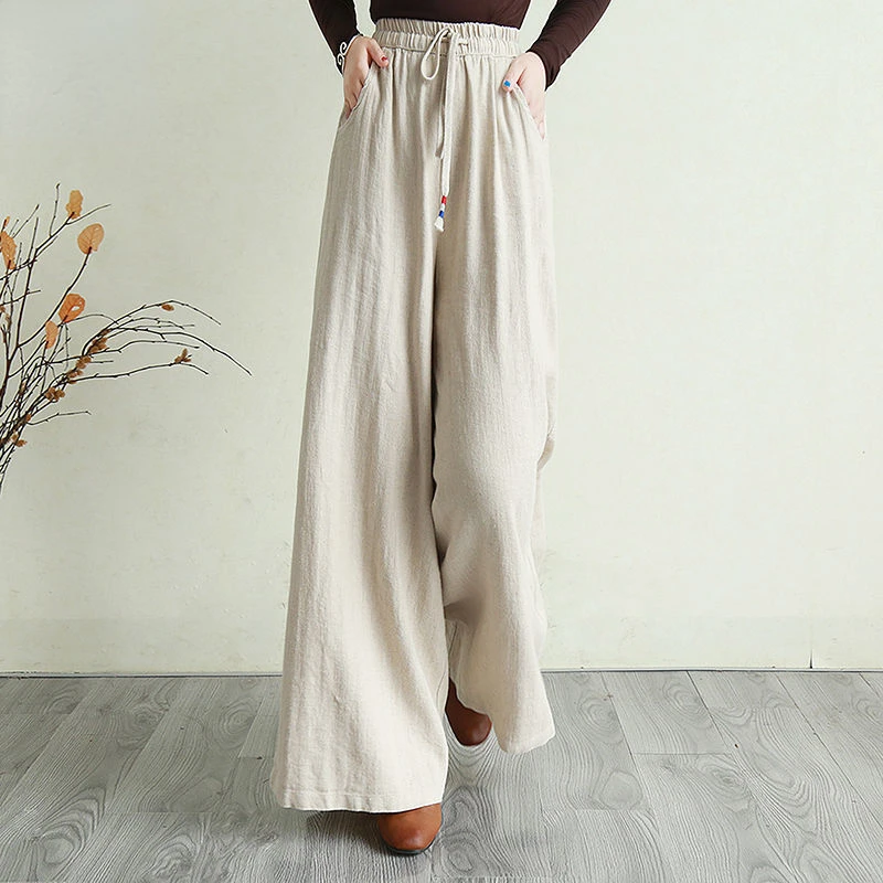 

Vintage Elastic Waist Pants Women's Spring And Autumn Loose Cotton And Linen Wide-Leg Pants High Waist Drawstring Pants Q695