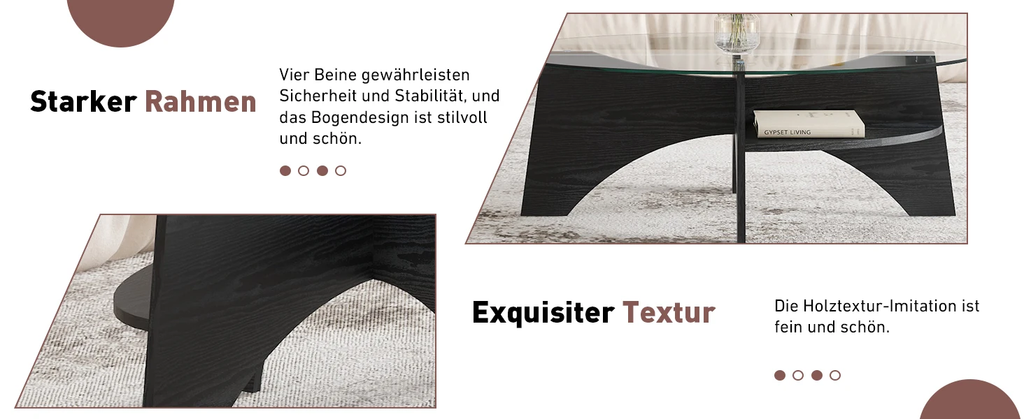 Modern ovaler Beistelltisch aus Sicherheitsglas 105x60cm, fächerförmiges MDF-Gestell schwarz, minimalistisch für Wohnzimmer&Büro – Detail 5