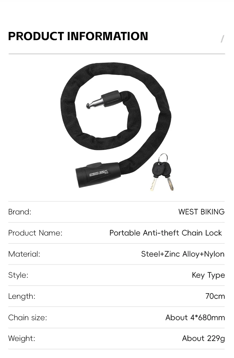 Description Picture 5 of itemWEST BIKING Bicycle Chain Lock Portable Anti-theft High Security MTB Mountain Bike Lock With 2 Keys For Scooter Electric E-Bike