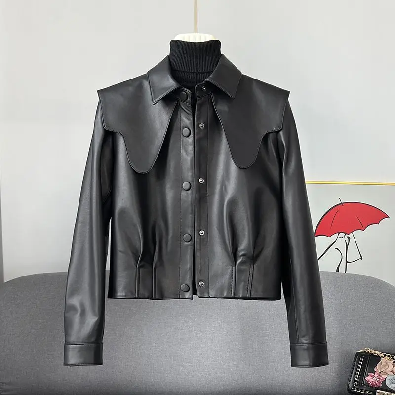 

2023 Spring Autumn Pu Faux Coat Women Korean Style Long Sleeve Black Short Top Fashion Leather Jackets for Women
