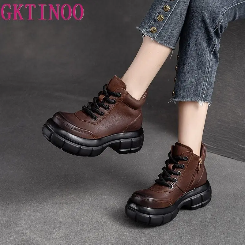 

GKTINOO Genuine Leather Zip Ankle Boots Women Shoes Leisure Round Toe 2023 New Early Winter Sewing Handmade Platform Boots