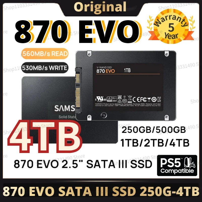 

2024 870 EVO SSD 1TB 2TB 4TB SATA3 2.5 Inch Internal Solid State Drive Ssd Sata Ssd Nvme M2 HDD Hard Disk Notebook PC 870evo Ps5