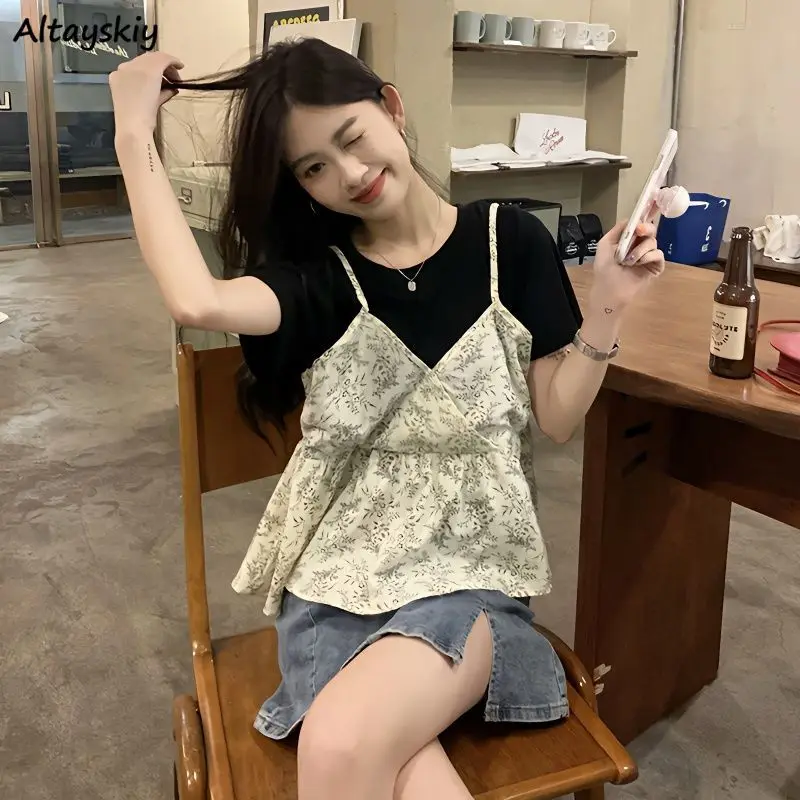 

Floral T-shirts Women Fake Two Pieces Short Sleeve O-neck Korean Style Sweet Loose Fit Summer Cropped Tops Leisure Ulzzang Chic