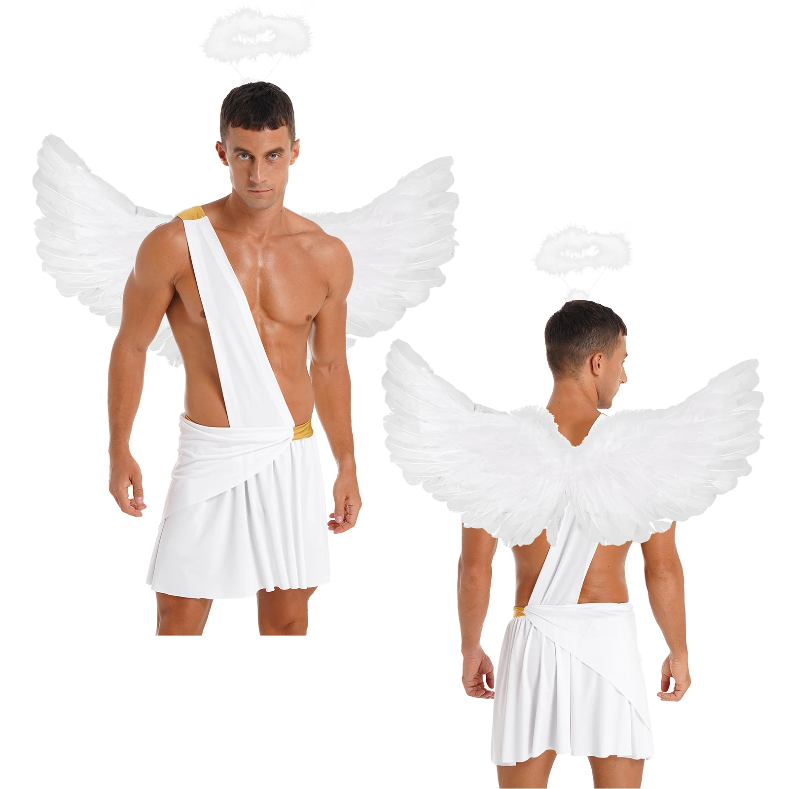 Men's Angel Cosplay Costume Halloween Theme Party Role Play Sets Ruffle Skirts with Angel Wings and Hairband Fallen Angel Outfit