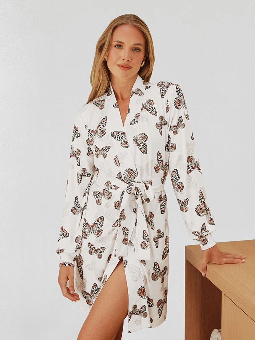 Marthaqiqi Loose Female Sleepwear Sexy V-Neck Robe Long Sleeve Bathrobe Lace Up Nightgowns Casual Printing Ladies Home Clothes