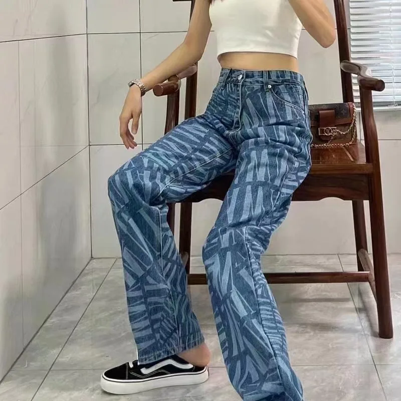 Women's Straight Jeans English Logo Printed High Waist Elastic Wide Leg Trousers Embroidered Luxury Splicing Ladies Clothes 2024