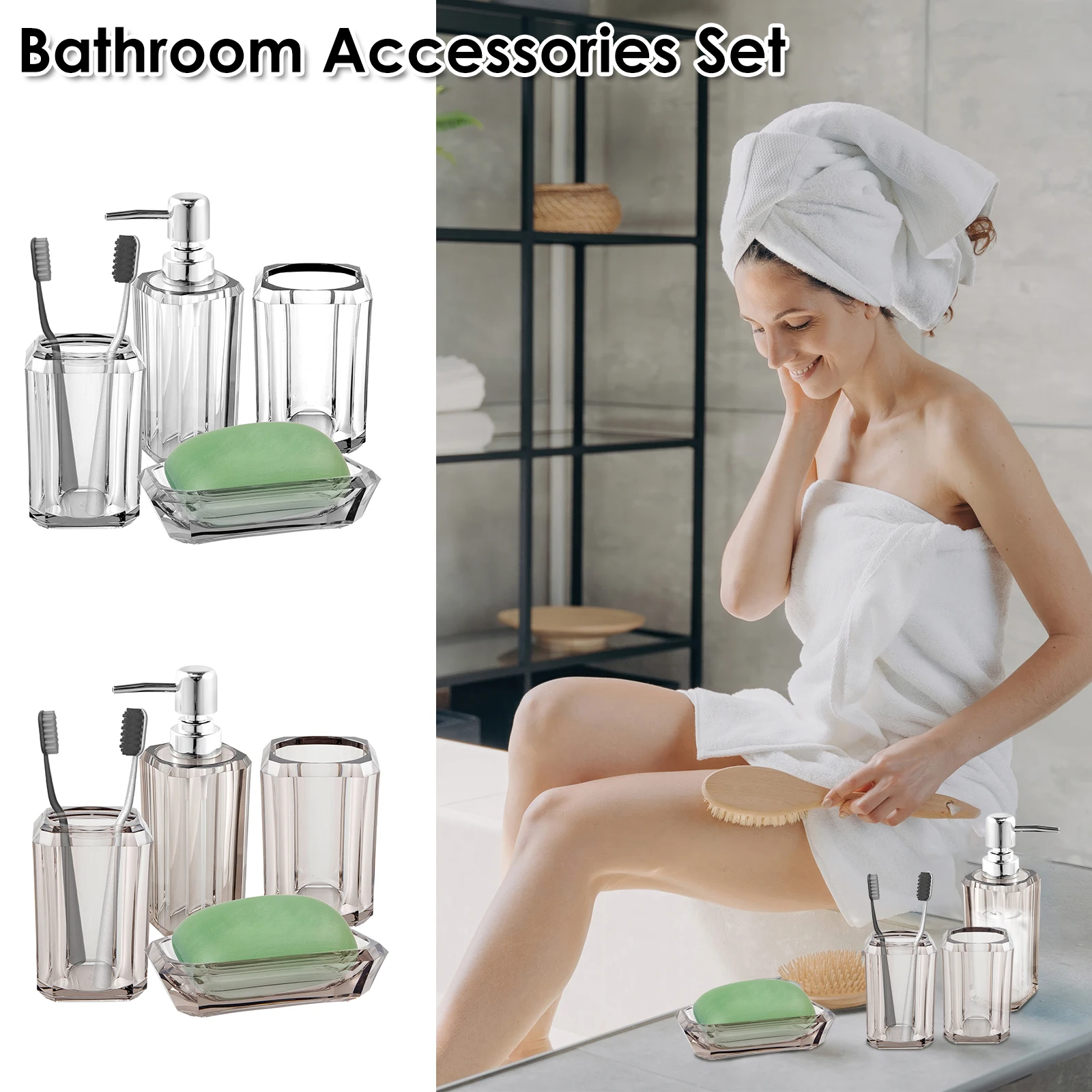 

Bathroom Accessories Set Acrylic Bath Accessory Set with Toothbrush Cup Mouthwash Cup Lotion Bottle and Soap Dish Practical Bath