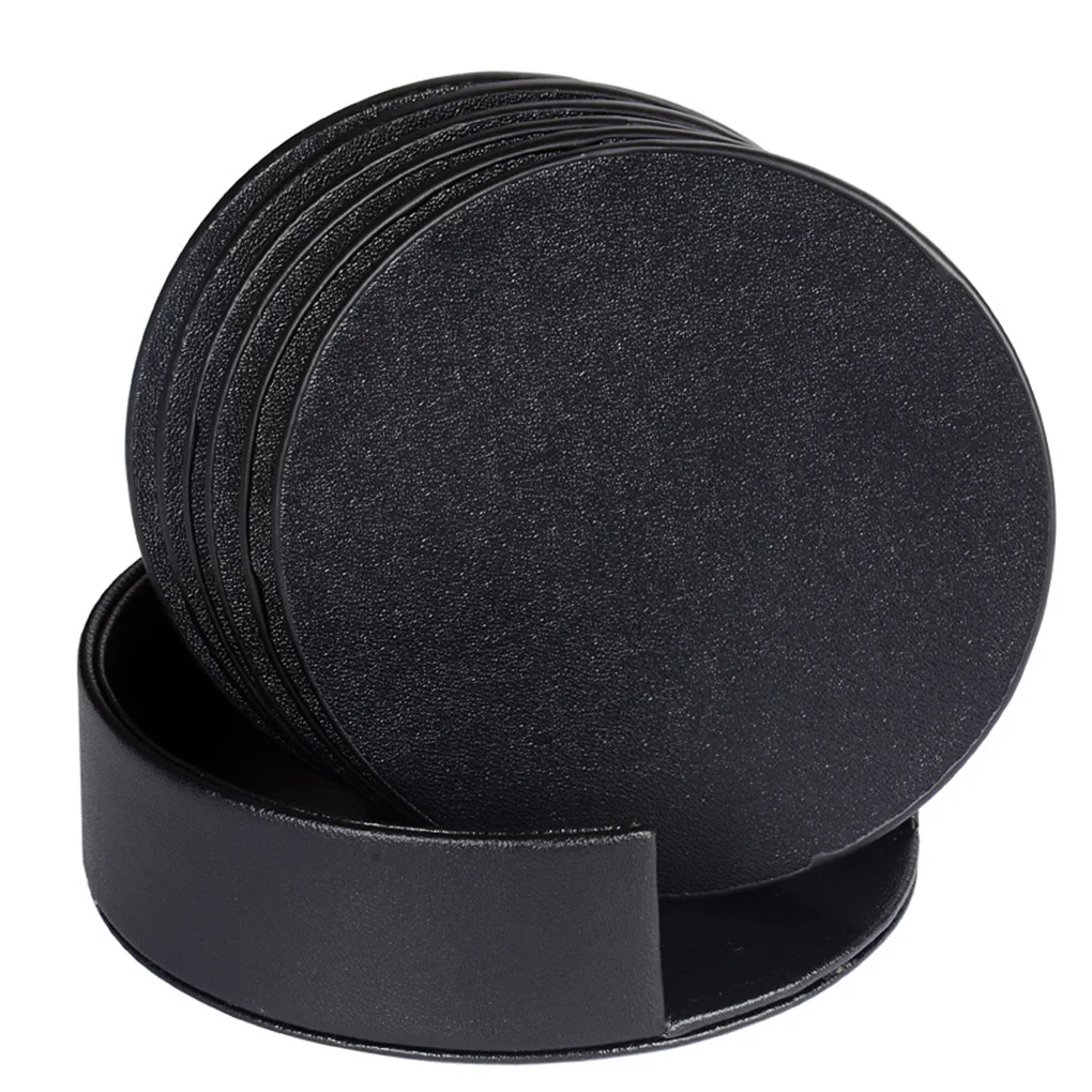

Heat-insulated Cup Mat Faux Leather Non-slip Tea Coaster Round Coffee Pad Drink Placemat Round Black