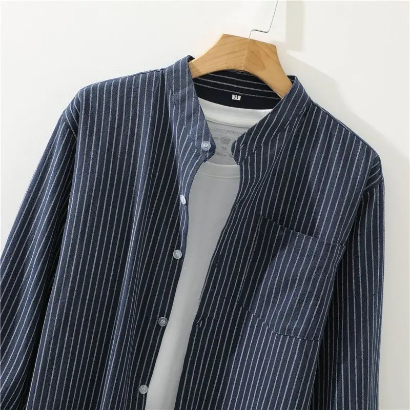 Големи размери Риза с дълъг ръкав на райета в британски стил Мъжко облекло Семпло бизнес ежедневно горнище със стойка яка Офис облекло Гореща разпродажба A04