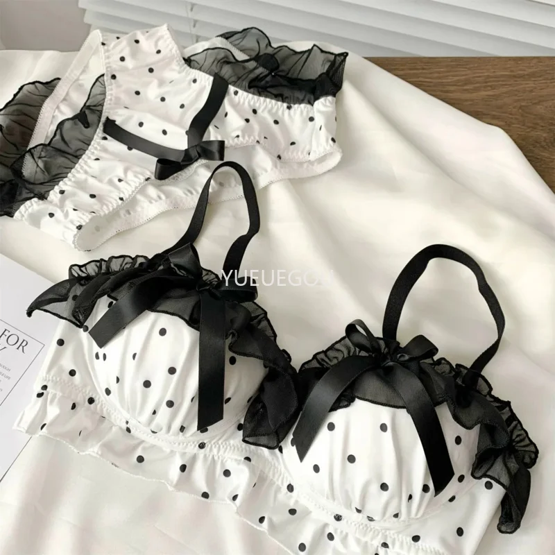 Niedliches BH-Set mit Schleife und Punkten für Damen – Bügelloser Push-up-BH für kleine Oberweite, bequemes Spitzenunterwäsche-Set (2-teilig)_voghion.com
