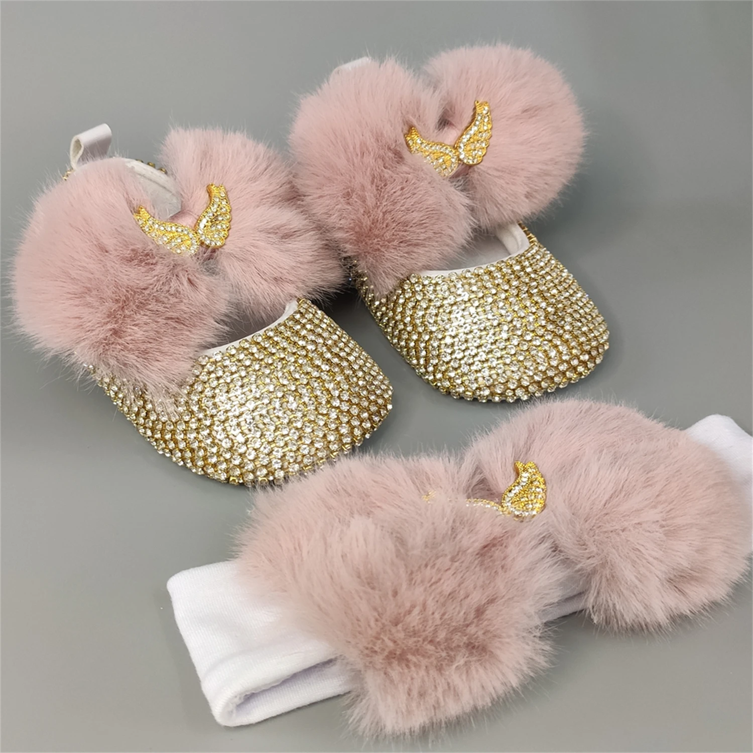 Dollbling Dusty Pink Feather Ball Fur Baby Shoes Headband Set